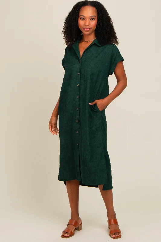 Forest Green Corduroy Button Down Midi Dress Stylish Animal Print Midi Dress