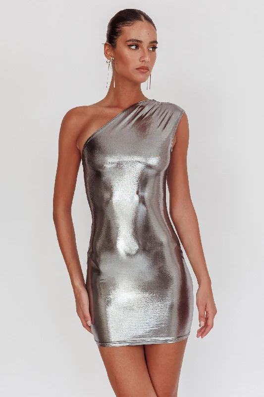 Glitter One-Shoulder Mini Dress Silver Trendy Mini Dress with Belt