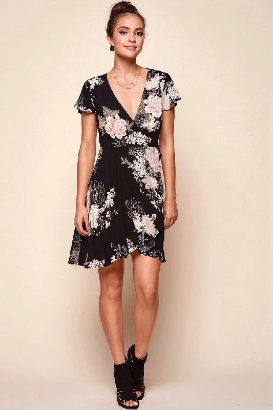 Gloria Elegant Floral Mini Dress Black Elegant Mini Dress with Ruffles