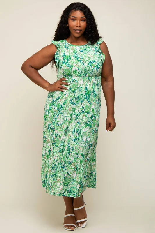 Green Floral Paisley Tiered Plus Midi Dress Comfortable Denim Midi Dress