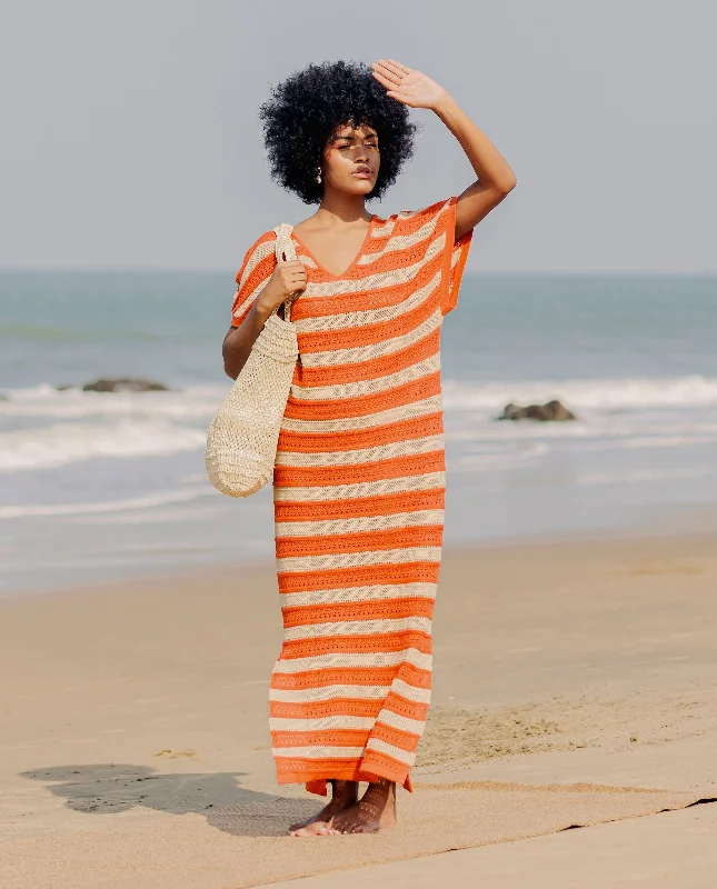 Rareism Women Haraya Orange Cotton Fabric Short Sleeves V-Neck Extended Sleeve Relaxed Fit Striped Midi Dress Cozy A-Line Midi Dress