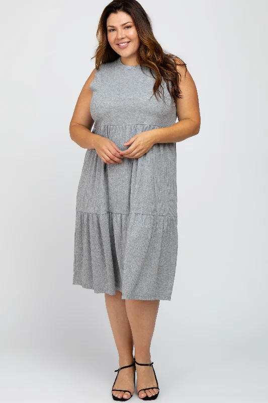 Heather Grey Ribbed Sleeveless Plus Midi Dress Fashionable Shift Midi Dress