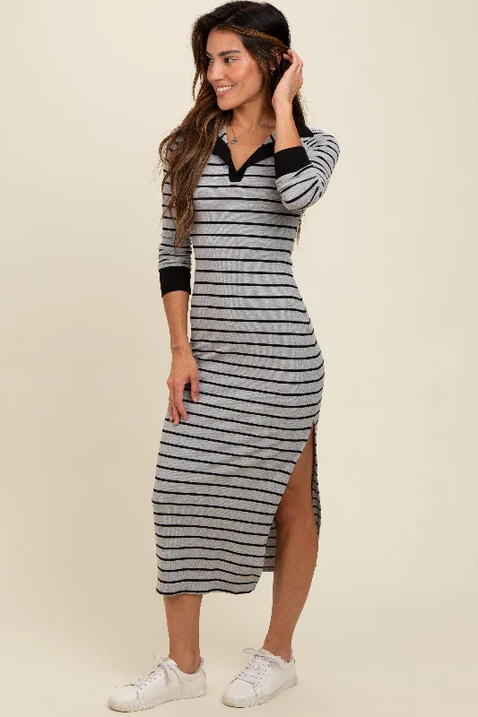 Heather Grey Striped Collared Long Sleeve Midi Dress Fashionable Pencil Midi Dress