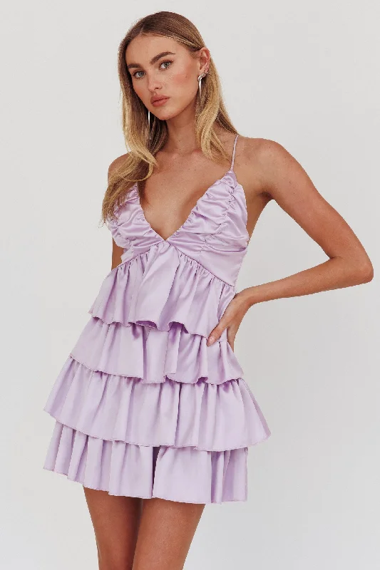 Heavenly Bliss Ruffle Mini Dress Lilac Cozy Long Sleeve Mini Dress