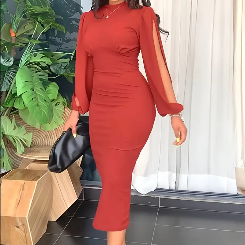 Hot Sales Puff Sleeve Bodycon Midi Dress Solid Color Elegant Office Dresses Women Formal Work Career Dresses For Ladies Trendy Square Neck Midi Dress