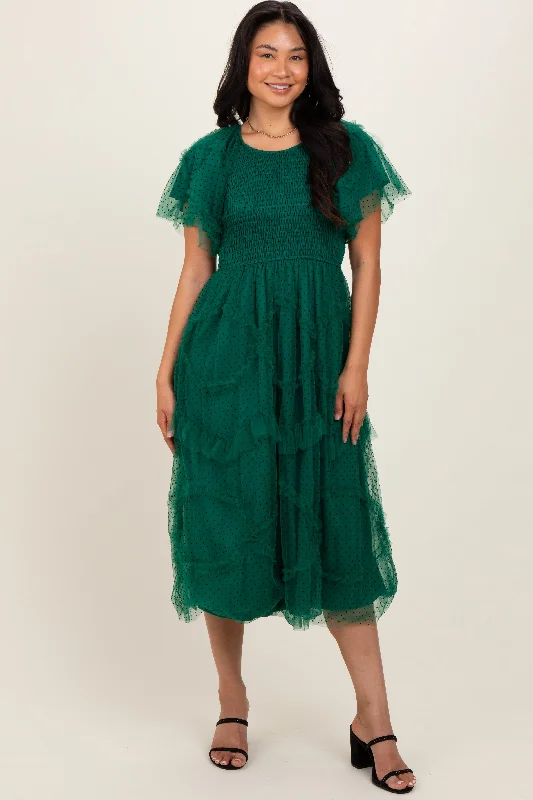 Hunter Green Smocked Ruffled Mesh Midi Dress Elegant Floral Midi Dress