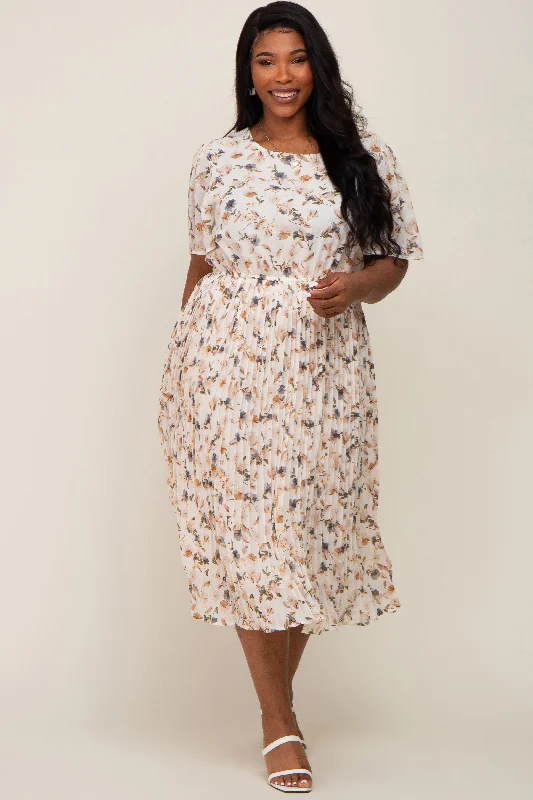 Ivory Floral Chiffon Pleated Short Sleeve Maternity Plus Midi Dress Trendy Smocked Detail Midi Dress