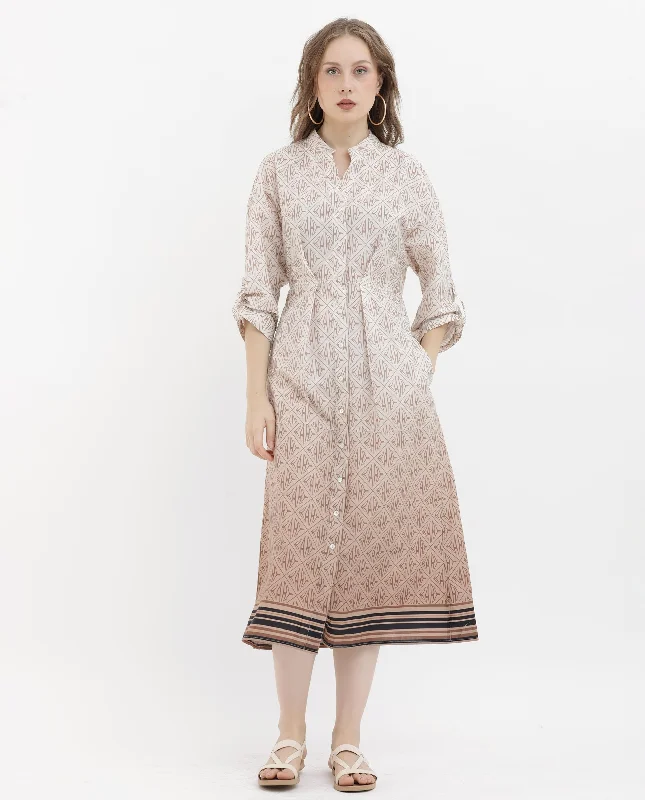 Rareism Women Klee Beige Cotton Fabric 3/4Th Sleeves Button Closure Mandarin Collar Rolled Up Sleeves Regular Fit Monogram Midi Dress Chic Floral Print Midi Dress