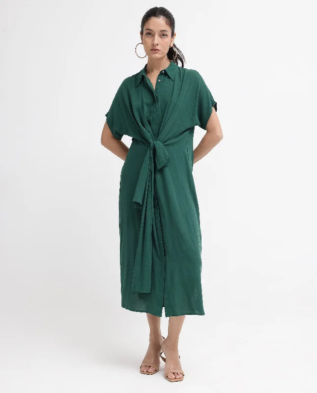 Rareism Women Korian Dark Green Viscose Button Closure Extended Sleeves Collared Neck Relaxed Fit Plain Midi Dress Comfortable Stretch Midi Dress