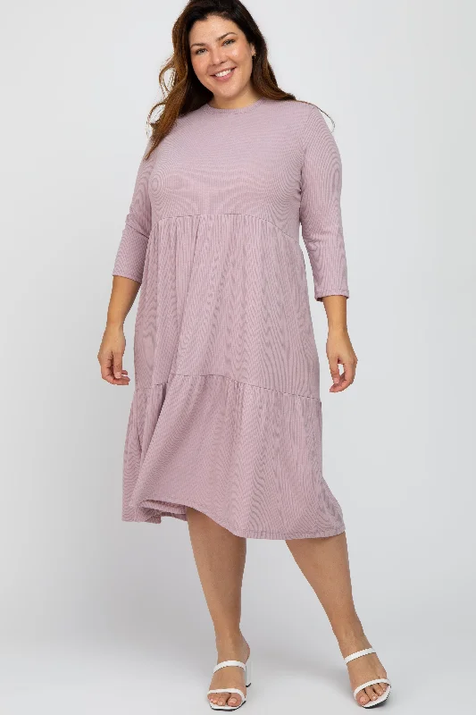 Lavender Tiered Ribbed 3/4 Sleeve Plus Midi Dress Elegant Pleated Detail Midi Dress