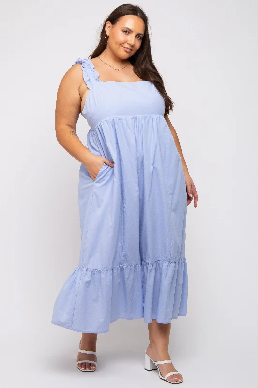 Light Blue Ruffle Strap Back Tie Plus Midi Dress Stylish Silk Midi Dress