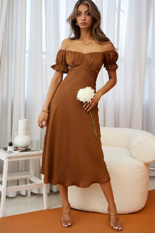 Linka Off-Shoulder Tie Back Midi Dress Chocolate Stylish Cold Shoulder Midi Dress