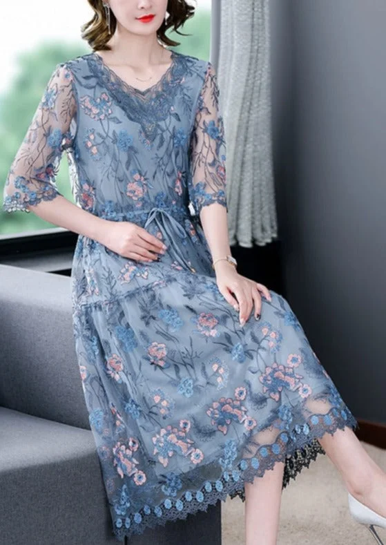 Loose Casual Embroidery Silk Floral V-Neck Midi Dress Stylish Color Block Midi Dress