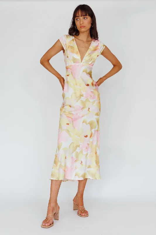 Lucinda Cap Sleeve Twist Back Midi Dress Flower Pink Cozy Tie-Dye Midi Dress