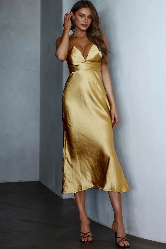 Ma Jolie Strapless Midi Dress Gold Fashionable A-Line Midi Dress