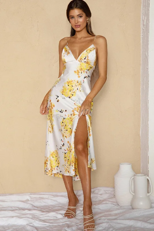 Marquis Pintuck Pleat Bust Front Split Midi Dress Floral Print White Chic Off-Shoulder Midi Dress