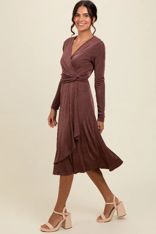 Mauve Metallic Twist Detail Wrap Midi Dress Trendy Mock Neck Midi Dress