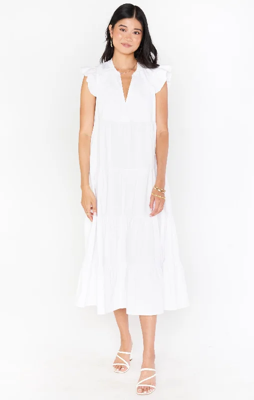 Mia James Midi Dress ~ White Poplin Stylish Button-Up Midi Dress