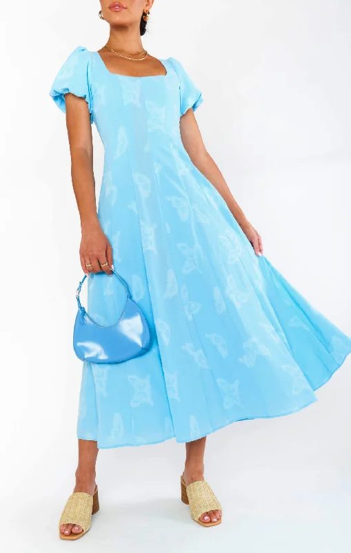 Mia Midi Dress ~ Blue Clip Butterfly Trendy Square Neck Midi Dress