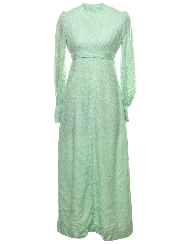 Mint Green Long-Sleeve 1970s High Neck Maxi Dress - M Trendy Maxi Dress with Bow