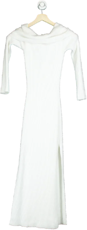 Misspap White Ribbed Knit Off-Shoulder Maxi Dress UK S Elegant Velvet Maxi Dress