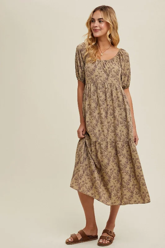 Mocha Floral Ruffle Hem Midi Dress Cozy A-Line Midi Dress