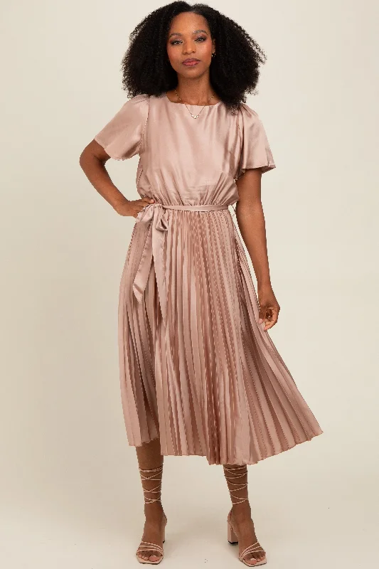 Mocha Satin Pleated Sash Tie Midi Dress Trendy Boho Midi Dress