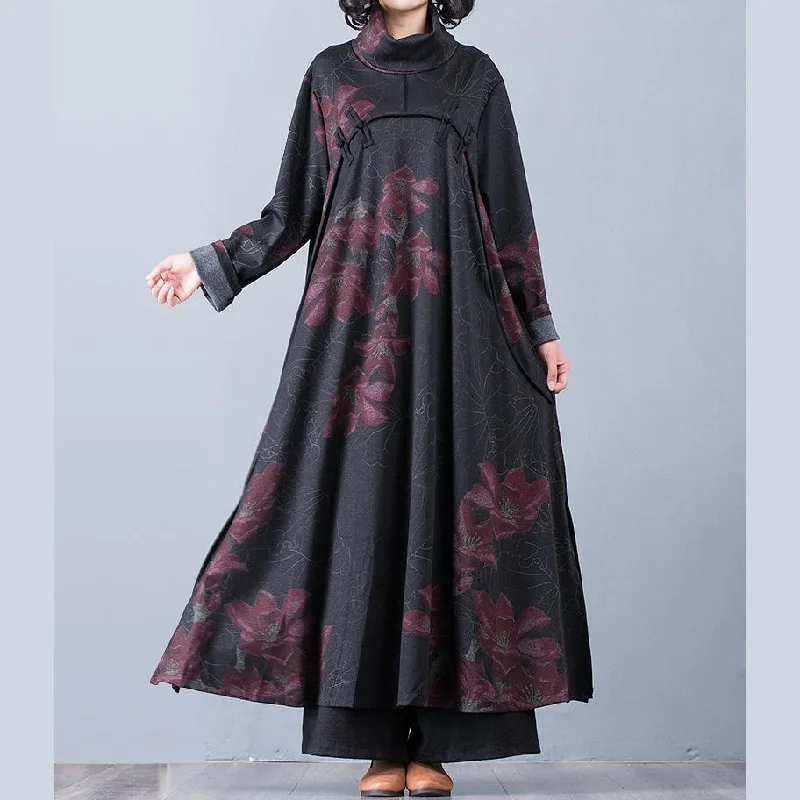 Modern Patchwork Cotton High Neck Clothes Linen Red Prints Winter Maxi Dress Comfortable Long-Sleeve Maxi Dress