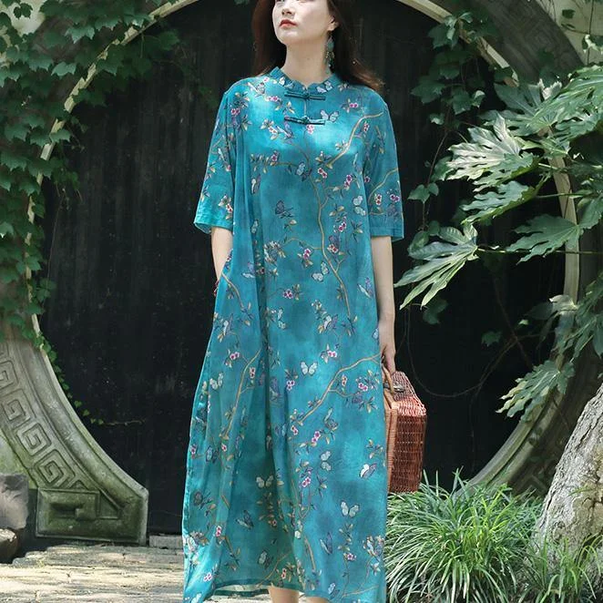 Modern stand collar pockets silk linen clothes For Women Organic Catwalk blue print Maxi Dress Summer Classic Solid Maxi Dress