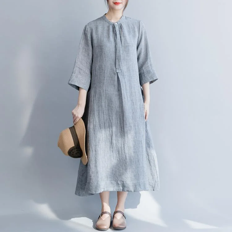 Modern stand collar Three Quarter sleeve linen clothes For Women top quality design blue Maxi Dresses spring Elegant Maxi Dress with Lace