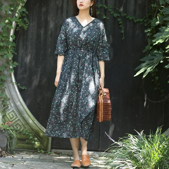 Modern v neck half sleeve linen Robes Fitted Fabrics blackish green print Maxi Dresses Summer Cozy Spaghetti Strap Maxi Dress