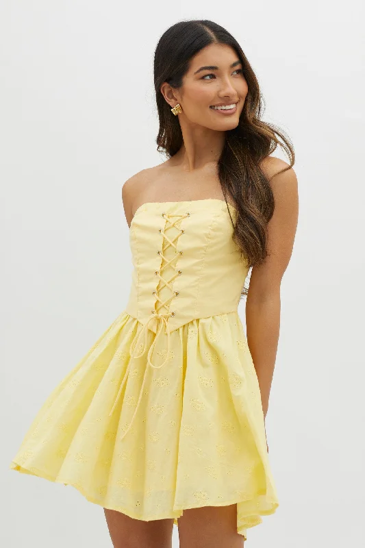 Mon Petit Lace-Up Bodice Mini Dress Yellow Trendy Off-Shoulder Dress Mini