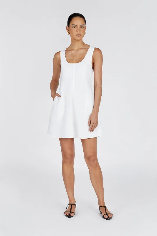 MONICA WHITE LINEN SCOOP MINI DRESS Stylish Button-Down Mini Dress