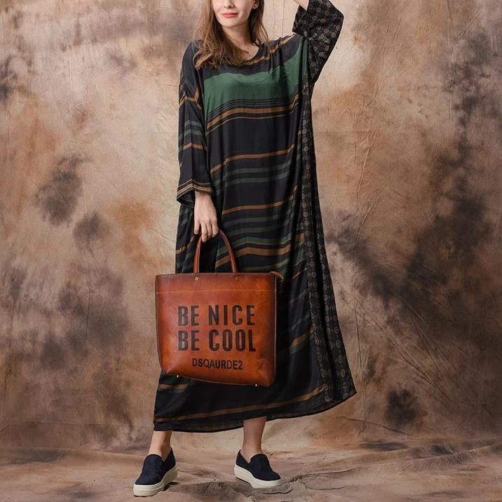 Muslimo Neck Pockets Silk Dress Boho Runway Green Striped Maxi Dress Spring ( Limited Stock) Cozy Maxi Dress with Slit