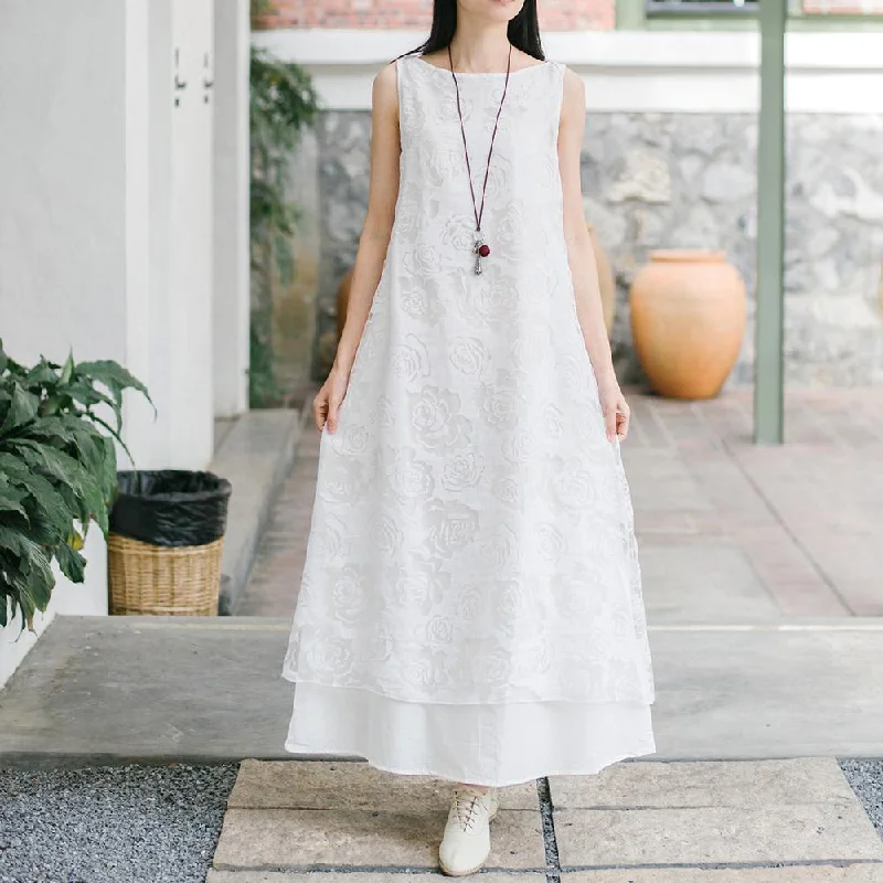 Natural lace cotton quilting clothes Work Outfits white Maxi Dress summer Elegant Maxi Dress with Belt