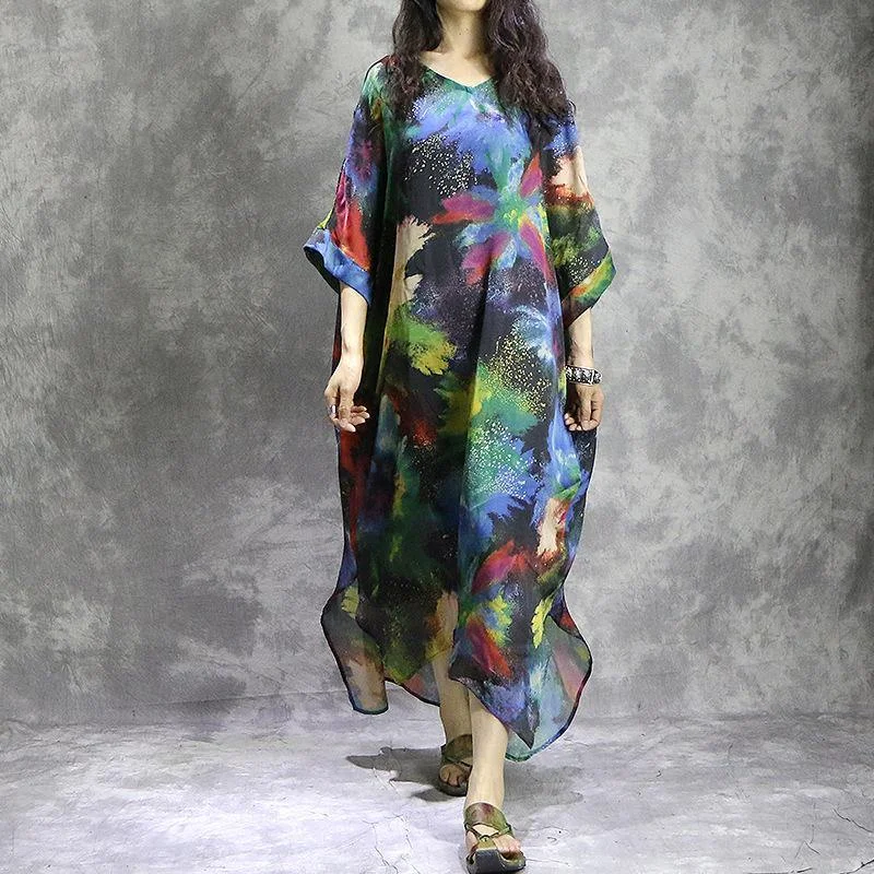 Natural v neck silk quilting clothes Plus Size Work Outfits prints Maxi Dress summer Trendy Floral Print Maxi Dress