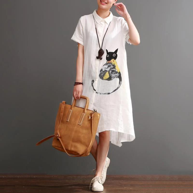 Naughty cat print summer linen maxi dress oversize linen sundresses white Stylish Maxi Dress with Pleats