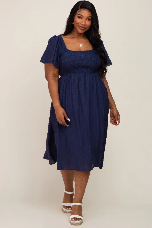 Navy Blue Smocked Square Neck Flutter Short Sleeve Plus Midi Dress Elegant V-Neck Midi Dress