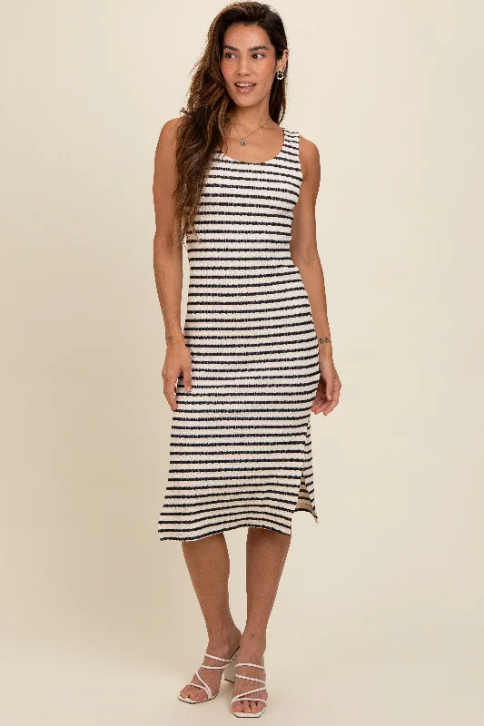 Navy Blue Striped Side Slit Midi Dress Stylish Button-Down Midi Dress