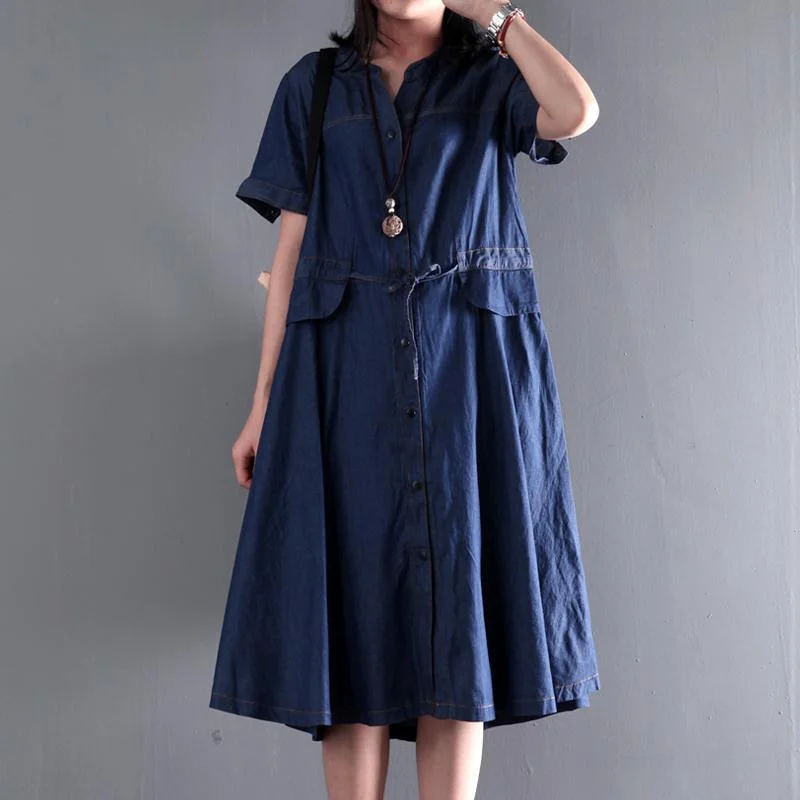 Navy blue summer denim maxi dress plus size denim sundress short sleeve fit flare dress Stylish V-Neck Maxi Dress