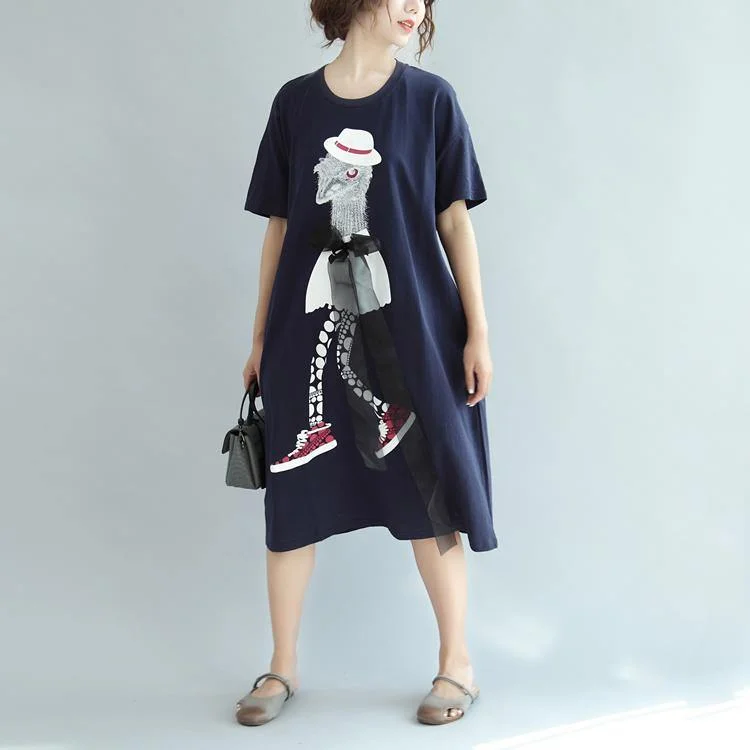 navy cartoon print cotton summer dress casual plus szie sundress short sleeve maxi dress Cozy Longline Maxi Dress