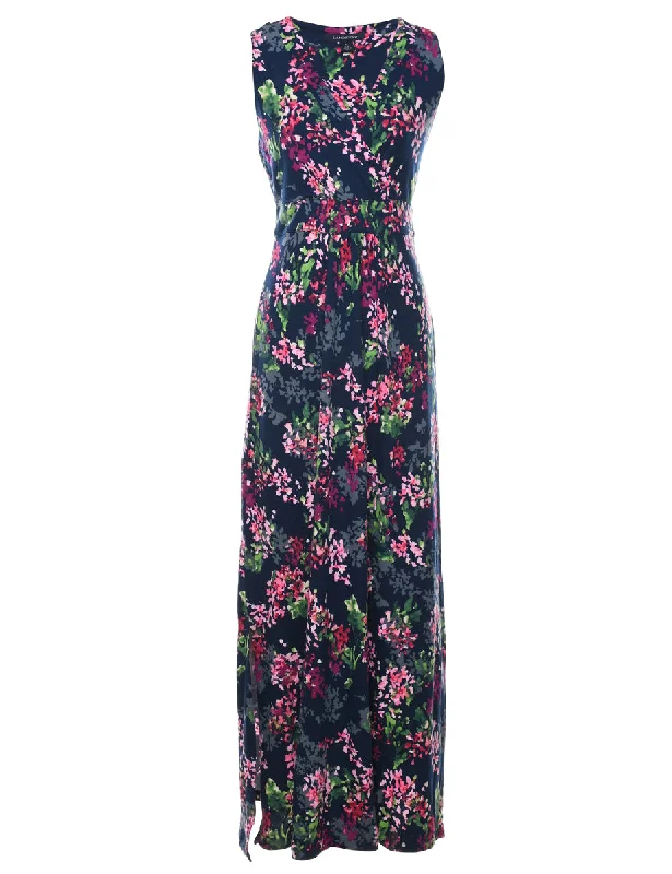 Navy Floral Print Maxi Dress - S Trendy Maxi Dress with Belt