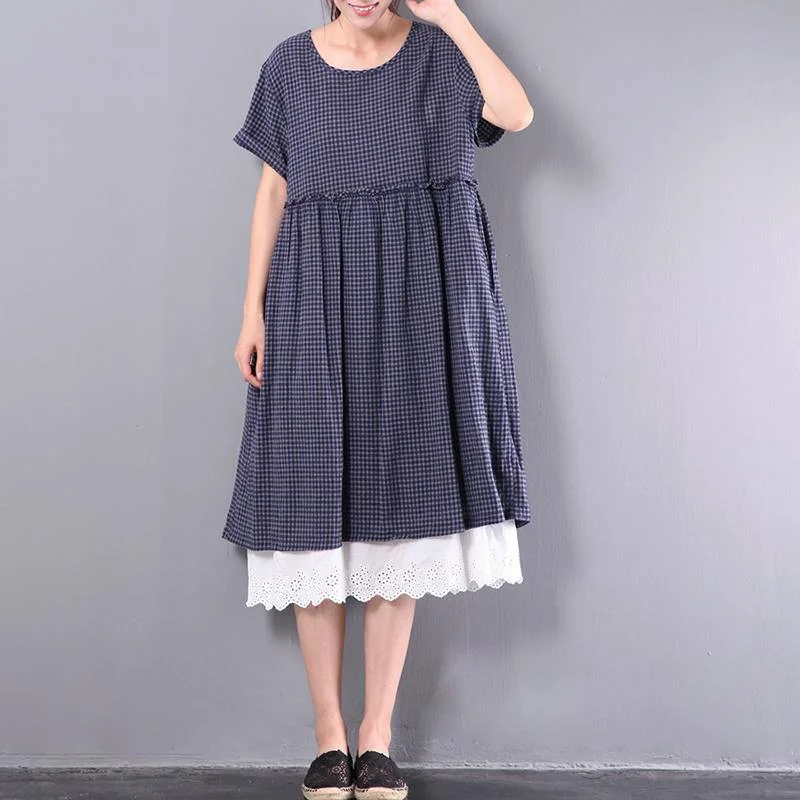 navy grid casual cotton sundress lace patchwork baggy dresses short sleeve maxi dress Fashionable High-Low Maxi Dress