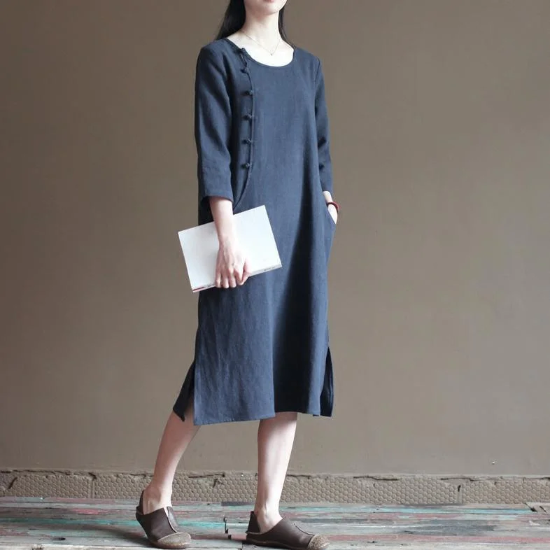 Navy linen dresses bust button details long linen maxi dresses Cozy Knitted Maxi Dress