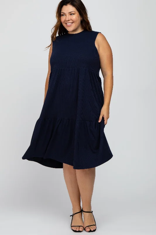 Navy Ribbed Sleeveless Plus Midi Dress Comfortable Fit-and-Flare Midi Dress