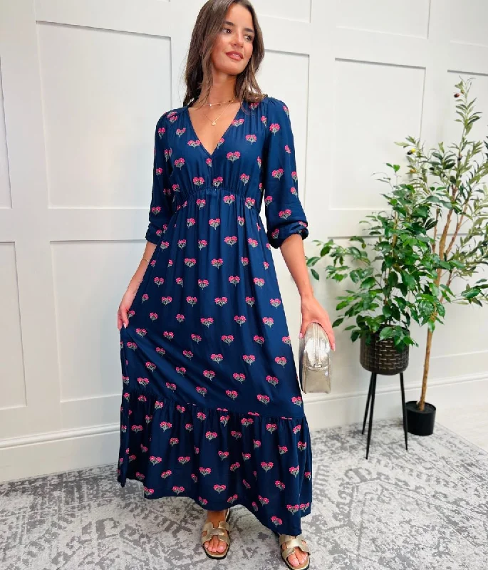 Navy Sienna Floral Midi Dress Cozy Wide Strap Midi Dress