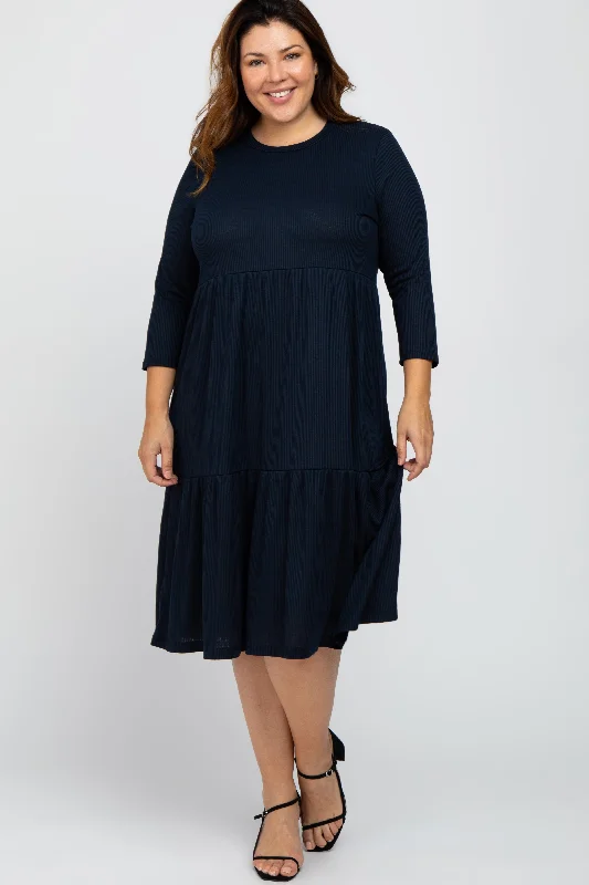 Navy Tiered Ribbed 3/4 Sleeve Plus Midi Dress Comfortable Empire Waist Midi Dress