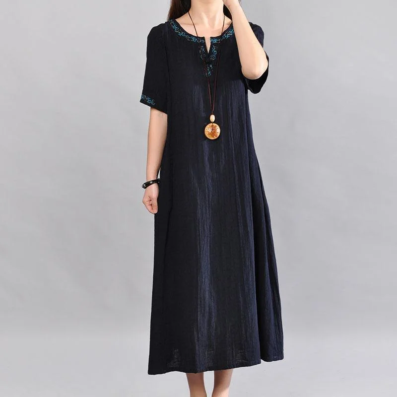 navy wrinkled linen dresses embroidery plus size women sundress slim short sleeve maxi dress Chic Summer Floral Maxi Dress