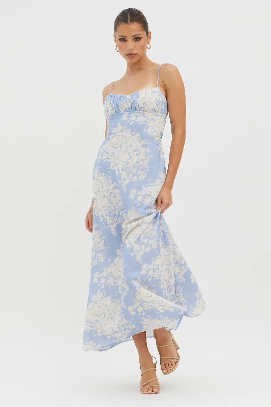 Nerida Twist Back Midi Dress Floral Blue Comfortable Lace-Up Midi Dress