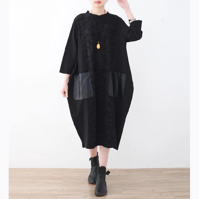 New black natural linen dress oversized patchwork caftans New pockets maxi dresses Classic Strapless Maxi Dress